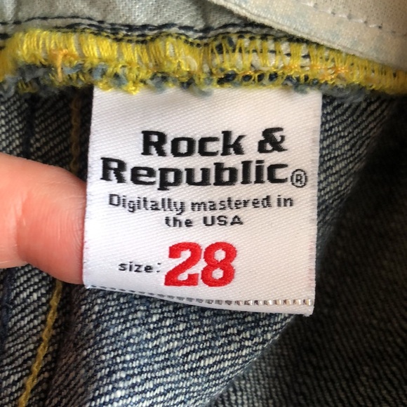 Rock & Republic Y2k 2000s Dark Wash Neon Yellow Low Rise Cropped Jeans Capris 28 - Picture 8 of 10